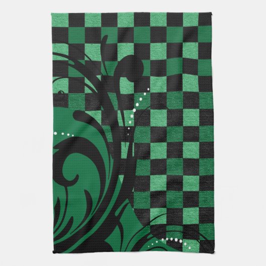 Linge De Cuisine Motif | de remous de damier vert et noir (Vertical)