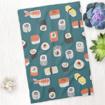 Linge De Cuisine Motif de rouleaux Sushi Nigiri Maki<br><div class="desc">Un motif japonais sushi food est installé sur un arrière - plan vert turquoise pour y accrocher la cuisine. Art original de Nic Squirrell.</div>