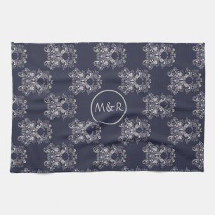 Linge De Cuisine motif de style baroque marine fleurie. Monogramme.