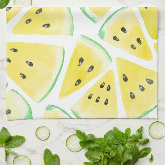 Linge De Cuisine Motif de tranches de pastèque jaune (Plié)