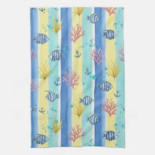 Linge De Cuisine Motif de vie marine côtière coloré (10)
