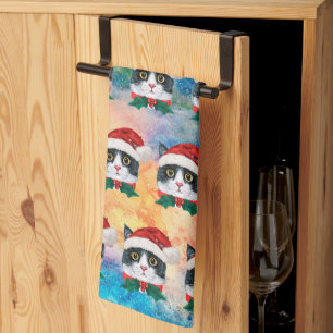 Linge De Cuisine Motif de visages de chat de Noël mignons noir et b