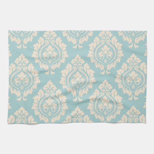 Linge De Cuisine Motif décoratif de damassé - crème sur le bleu (Horizontal)