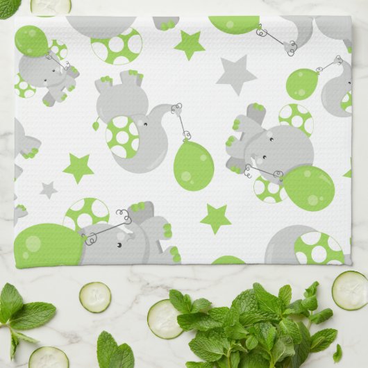Linge De Cuisine Motif Des Eléphants, Eléphants Mignons - Grey Vert (Plié)