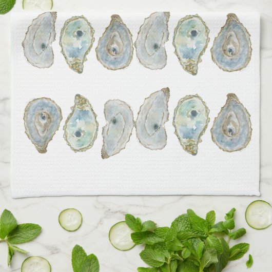 Linge De Cuisine Motif d'huîtres d'aquarelle côtière (Plié)