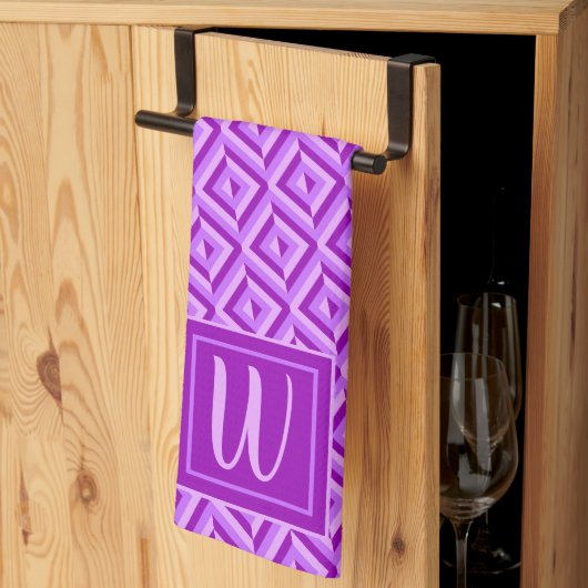 Linge De Cuisine Motif diamant à trois tons violet monogramme (Pliage en tiers)