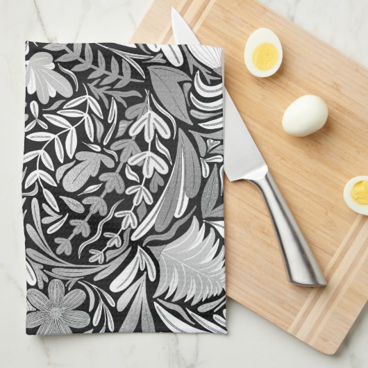 Linge De Cuisine Motif d'illustration Feuilles floraux noirs argent (Quart Plié)