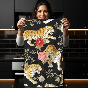 Linge De Cuisine Motif élégant de chinoiserie noire avec tigre et p