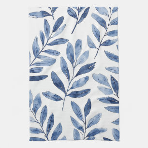 Linge De Cuisine Motif élégant de feuilles à l'aquarelle bleu indig