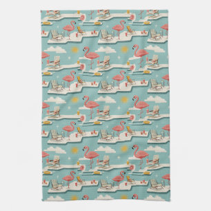 Linge De Cuisine Motif Estival Rétro Flamingo au Bord de la Piscine