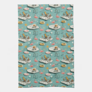Linge De Cuisine Motif Estival Rétro Flamingo au Bord de la Piscine