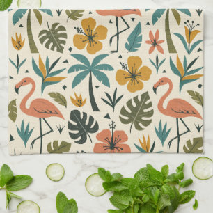 Linge De Cuisine Motif Flamant Tropical et Palmier