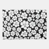 Linge De Cuisine Motif Fleur rétro en blanc sur noir (Horizontal)