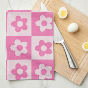 Linge De Cuisine Motif Fleurs Rétro Rose Chaud et Blanc à Damier