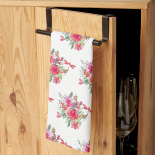 Linge De Cuisine Motif fleurs roses et libellules 