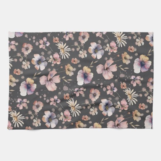 Linge De Cuisine Motif Fleurs Sauvages Aquarelle Rose Bohème Mélanc (Horizontal)