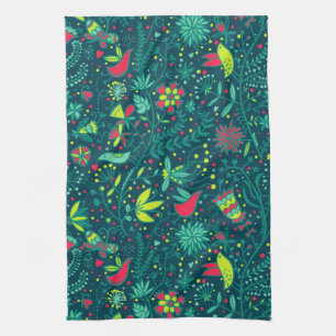 Linge De Cuisine Motif floral avec des oiseaux de bande dessinée