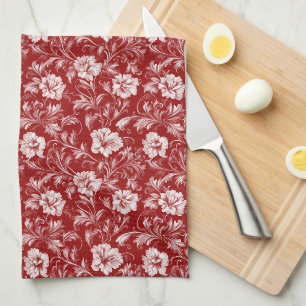 Linge De Cuisine Motif floral baroque monochromatique, blanc sur ro