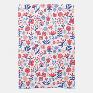 Linge De Cuisine Motif floral bleu et de corail
