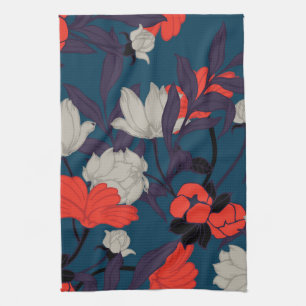 Linge De Cuisine Motif floral bleu et rouge élégant