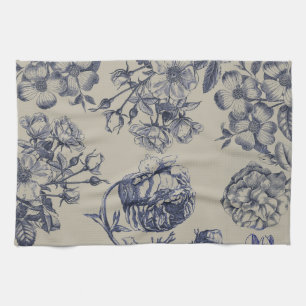 Linge De Cuisine Motif Floral Botanique Toile Bleue Vintage Antique