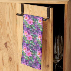Linge De Cuisine Motif floral botanique violet et rose