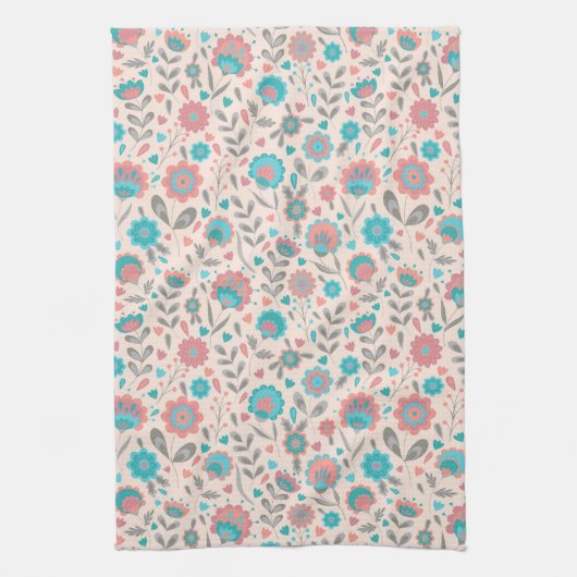 Linge De Cuisine Motif floral d'art populaire turquoise et de (Vertical)