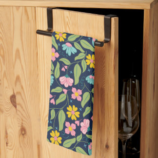 Linge De Cuisine Motif floral de printemps sur bleu foncé