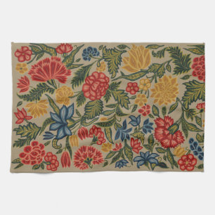 Linge De Cuisine Motif floral en broderie laine vintage rouge et or