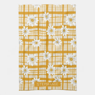 Linge De Cuisine Motif floral marguerrier blanc sur En vichy jaune