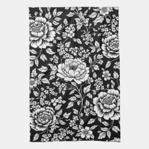 Linge De Cuisine Motif floral sans couture vintage noir et blanc (5