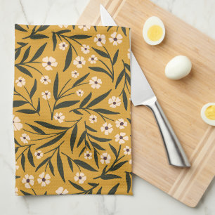 Linge De Cuisine Motif floral simple en jaune moutarde et vert