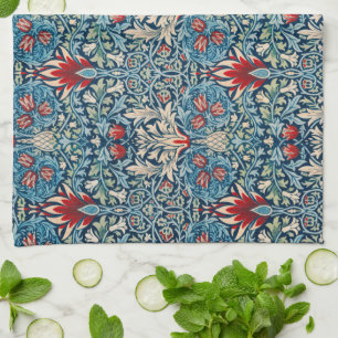 Linge De Cuisine Motif floral sur fond bleu de feuilles vertes
