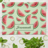 Linge De Cuisine Motif Fruit De Pastèque Sur Vert Avec Nom Personna (Plié)