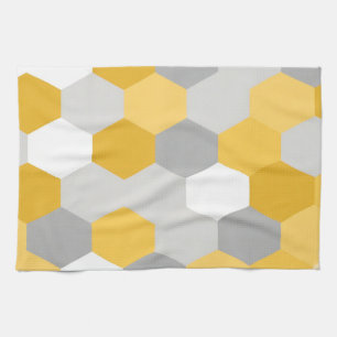 Linge De Cuisine Motif Géométrique Hexagonal Gris Jaune