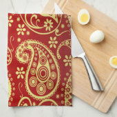 Linge De Cuisine Motif Gold Et Red Paisley (Quart Plié)