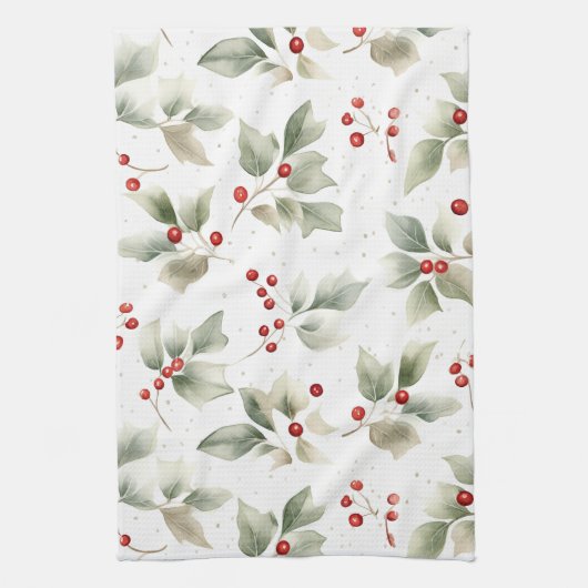 Linge De Cuisine Motif Green Holly et Red Berries (Vertical)