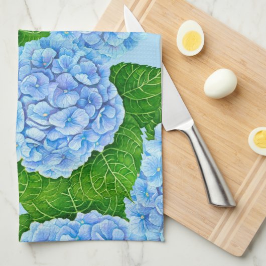 Linge De Cuisine Motif hydrangée bleu (Quart Plié)