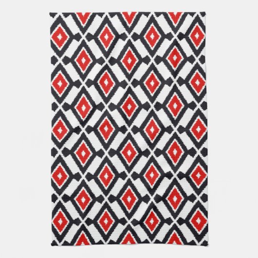Linge De Cuisine Motif Ikat - Rouge foncé, noir et blanc (Vertical)