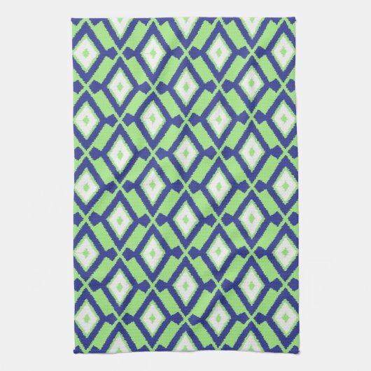 Linge De Cuisine Motif Ikat - Vert, Indigo Bleu et Blanc (Vertical)
