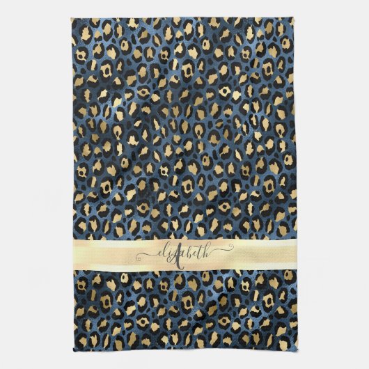 Linge De Cuisine Motif léopard bleu or monogramme (Vertical)