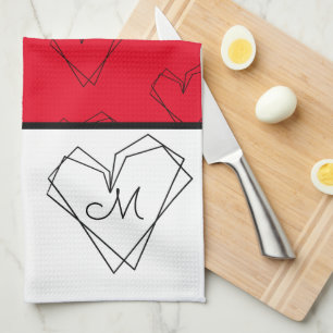 Linge De Cuisine Motif ligne de cœur art noir blanc rouge 