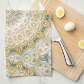 Linge De Cuisine Motif Mandala Gold et White avec accents Turquoise (Quart Plié)
