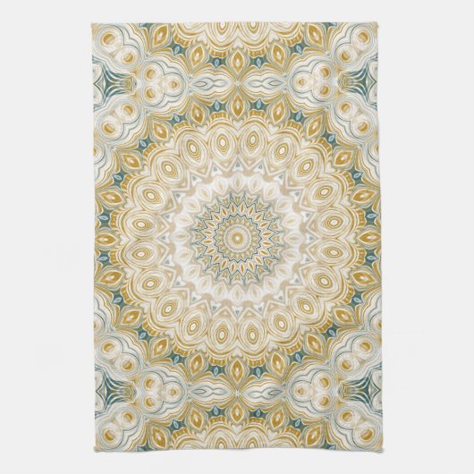 Linge De Cuisine Motif Mandala Gold et White avec accents Turquoise (Vertical)