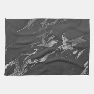 Linge De Cuisine Motif marbre noir et argent moderne