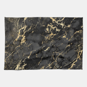 Linge De Cuisine Motif marbre noir et or moderne