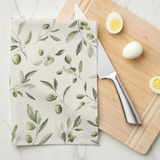 Linge De Cuisine Motif méditerranéen de la Branche d'Olivier rustiq (Quart Plié)