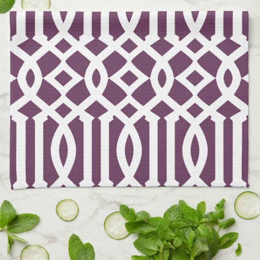 Linge De Cuisine Motif moderne Eggplant violet et blanc Trellis (Plié)
