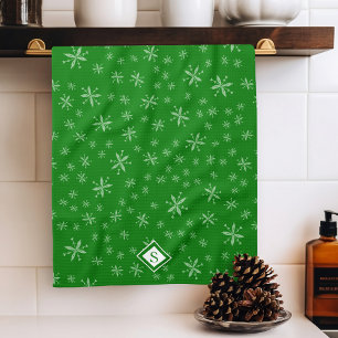 Linge De Cuisine Motif moderne Snowflake sur Green Monogramme