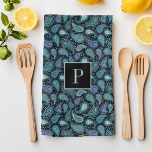 Linge De Cuisine Motif Monogramme Retro Blue Paisley